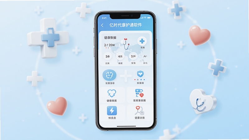 亿时代康护通软件主界面概览图,画面中央展示一部智能手机,屏幕内呈现健康数据看板与功能入口图标,背景为柔和的浅蓝色渐变,四周点缀医疗十字与心形元素,整体风格清新简洁,突出健康管理主题