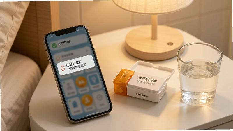 亿时代康护通用药提醒功能展示图,画面展示手机屏幕弹出提醒通知,旁边放置药盒与一杯温水,背景为简洁的床头柜场景,光线柔和,突出按时用药的温馨提醒氛围