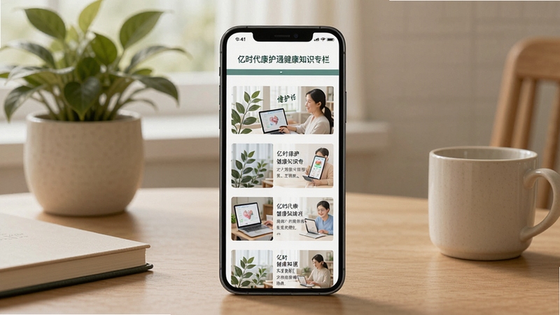 亿时代康护通健康知识专栏页面,画面以手机屏幕为主体,屏幕内显示图文并茂的健康科普文章列表,背景为书桌与绿植,整体风格安静舒适,传递学习健康知识的氛围