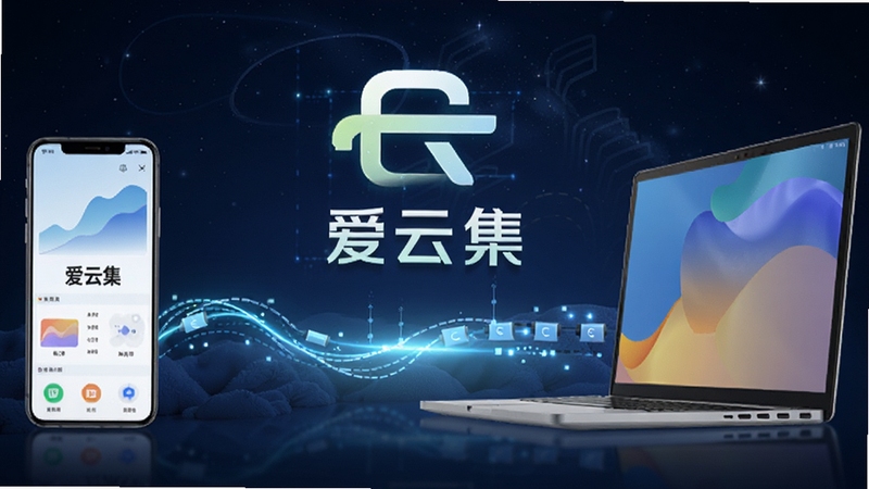爱云集全域智能连接功能示意图,画面左侧为手机、右侧为笔记本电脑,中间以发光数据线连接,背景为深蓝色星空,突出爱云集标志,科技感十足,适配Boogu模型生成