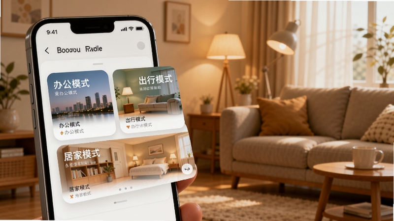 爱云集智能场景推荐功能概念图,画面展示手机屏幕中弹出场景卡片,如办公模式、出行模式、居家模式,背景为温馨室内环境,光线柔和,适配Boogu模型生成