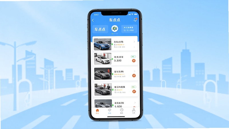 车点点软件主界面全景展示,画面中央放置一部智能手机,屏幕显示车点点洗车服务首页列表,背景为浅蓝色渐变与城市道路剪影,整体风格简洁明快,突出汽车服务主题