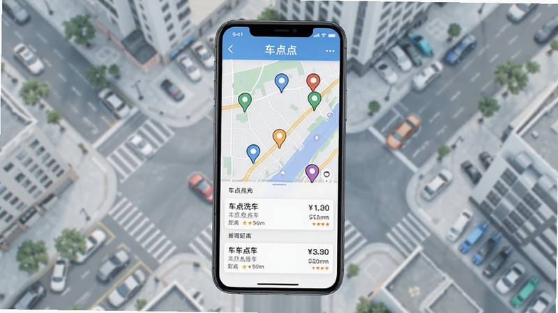 车点点洗车门店查询界面,手机屏幕显示地图上多个洗车门店标记点,下方卡片列出门店名称、距离和价格,背景为干净的城市街区俯视图,色调清新柔和