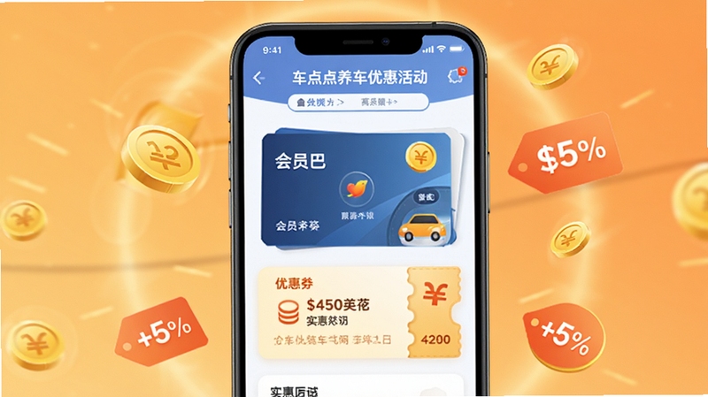 车点点养车优惠活动页面,手机屏幕展示会员卡与优惠券组合,周围点缀金币和折扣标签,背景为柔和的橙黄色光晕,营造实惠省钱的视觉氛围