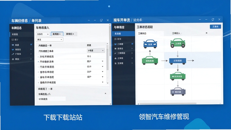 领智汽车维修管理系统软件界面中汽车维修工单列表与接车开单流程展示,左侧为车辆信息录入面板,右侧为工单状态流转看板,整体采用蓝白商务配色,扁平化设计风格,屏幕细节清晰可见,适合软件下载站配图