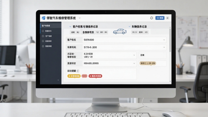 领智汽车维修管理系统客户档案与车辆保养记录页面,界面中显示客户姓名、车牌号码、历次维修项目与回访提醒标签,背景为浅灰色办公场景,屏幕内容清晰,写实风格,适合软件功能介绍配图