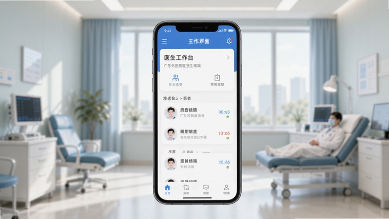 广东云医院医生端主界面展示,画面中央为手机屏幕中显示医生工作台与患者列表,背景为现代化医院诊室环境,柔和自然光线,扁平化UI风格,蓝白配色,细节清晰,适配Boogu模型生成