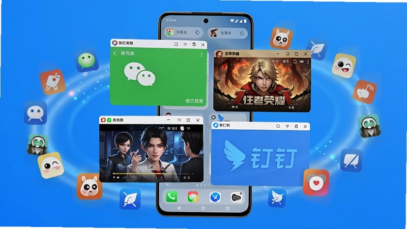 应用双开兼容性展示图,画面中央是一部安卓手机,手机屏幕内同时运行着微信、王者荣耀、钉钉等多个应用分身窗口,每个窗口都流畅播放动画,手机周围环绕着各类应用图标形成光环,背景为明亮的渐变蓝色,突出广泛兼容与流畅运行的特点