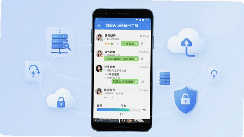 一款名为微聊天记录备份工具的安卓应用界面,画面中央展示手机屏幕,屏幕内呈现聊天记录列表与备份进度条,背景为柔和的浅蓝色渐变,周围环绕着数据备份、云朵、盾牌等图标元素,整体风格简洁科技感,适合软件下载站展示