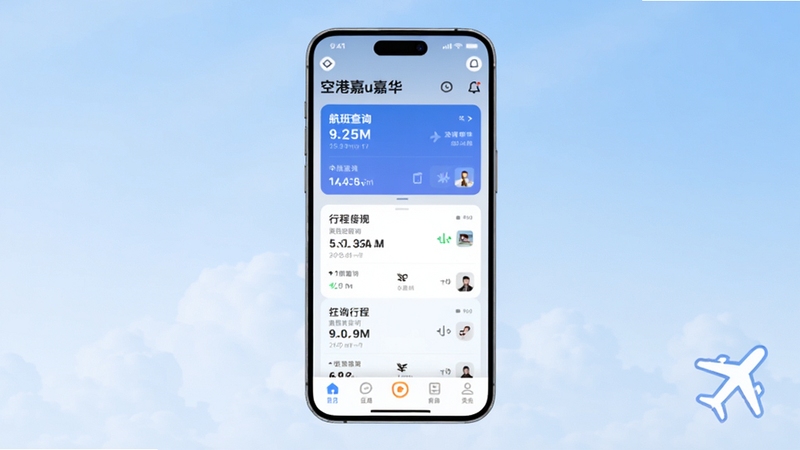 画面主体为一部竖屏智能手机居中放置,屏幕内展示空港嘉华应用首页界面,包含航班查询、行程卡片与底部导航栏,背景为浅蓝色渐变天空与云层,右下角有简约飞机图标点缀,整体风格清爽现代,适配Boogu模型生成