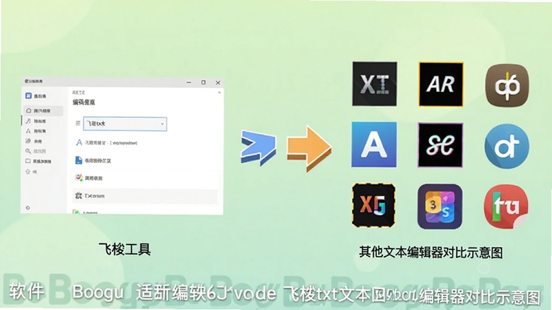 飞梭txt文本文件编码转换工具与其他文本编辑器对比示意图,画面左侧展示飞梭工具简洁界面,右侧展示多个其他软件图标,中间用对比符号连接,背景为柔和的浅绿色渐变,画面底部带有软件名称水印,适配Boogu模型生成