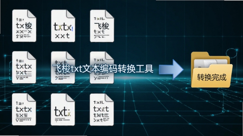 飞梭txt文本文件编码转换工具批量转换功能展示图,画面中显示多个txt文件图标排列整齐,一个箭头指向右侧的“转换完成”文件夹,背景带有科技感的淡蓝色网格线条,画面中心悬浮软件名称字样,细节清晰,适配Boogu模型生成