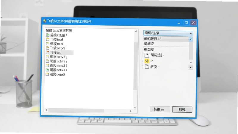 飞梭txt文本文件编码转换工具软件主界面截图,画面中央是一个简洁的Windows窗口,左侧区域显示文件列表,右侧区域展示编码选择下拉菜单与转换按钮,背景为浅灰色办公桌面,窗口标题栏清晰可见软件名称,画面风格干净明亮,适配Boogu模型生成