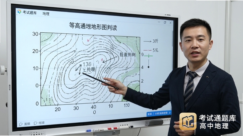 考试通题库(高中地理)软件视频解析功能展示,画面中一位地理老师在电子白板前讲解等高线地形图判读方法,白板上显示等高线示意图和标注,屏幕右下角有考试通题库高中地理的水印标识,整体画面明亮专业,适合在线教育场景