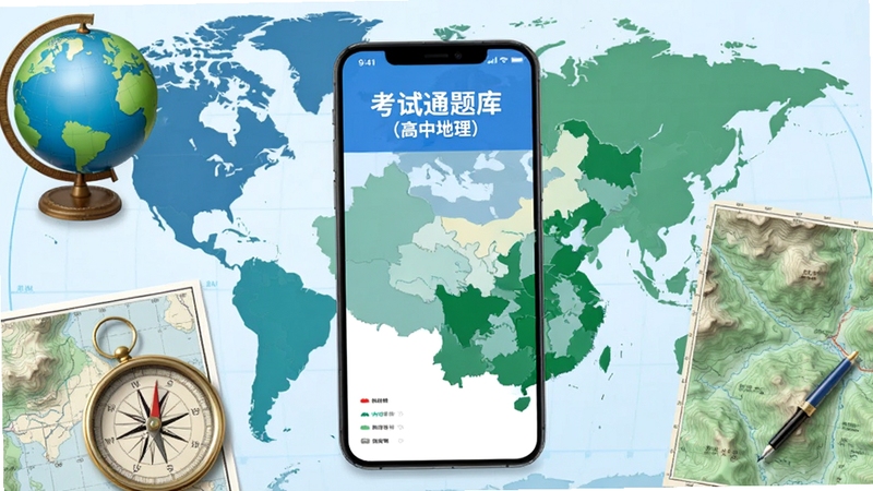 一款名为考试通题库(高中地理)的手机应用界面展示在画面中央,背景为世界地图与中国地图的融合图案,周围环绕着地球仪、指南针、等高线地形图等地理元素,整体色调以蓝色和绿色为主,营造出专业学习备考氛围,画面风格简洁清晰,适配教育类软件宣传图