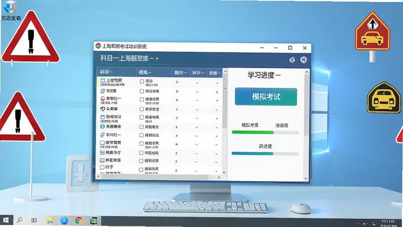 上海驾照考试培训系统主界面全景展示,软件窗口居中放置于Windows桌面中央,界面内清晰呈现科目一题库列表、模拟考试按钮与学习进度条,背景为浅蓝色渐变办公桌面环境,周围点缀交通标志图标元素,整体风格简洁专业,适合下载站预览图使用