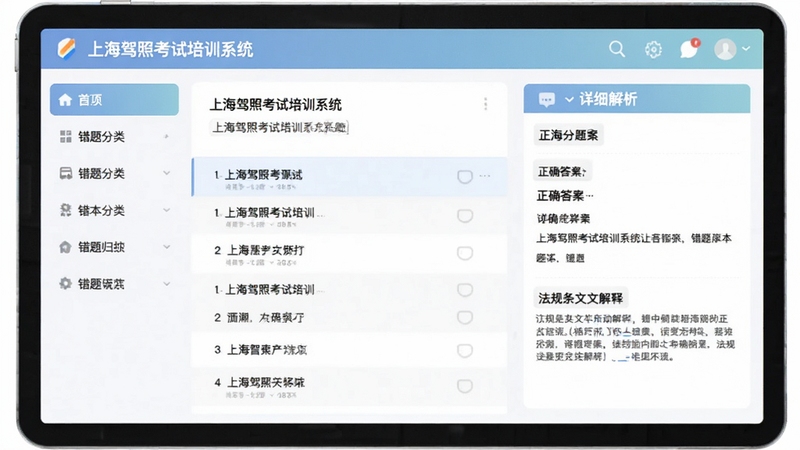 上海驾照考试培训系统错题本功能界面,画面展示错题列表与详细解析区域,左侧为错题分类导航栏,右侧显示题目原文、正确答案与法规条文解释,界面配色柔和护眼,突出上海驾照考试培训系统的错题归纳与学习辅助功能