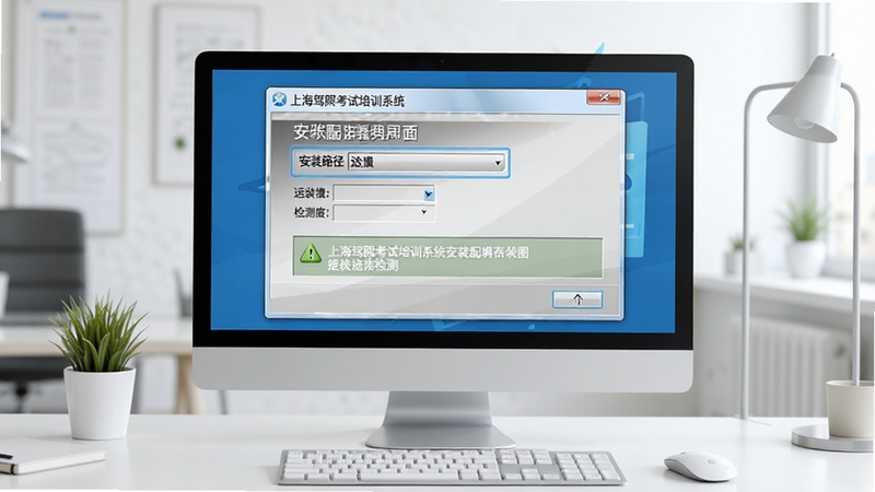 上海驾照考试培训系统安装配置界面示意图,画面显示电脑屏幕上的安装向导窗口,包含安装路径选择框与组件检测提示,背景为简洁办公桌面,突出上海驾照考试培训系统安装过程中的关键步骤与注意事项