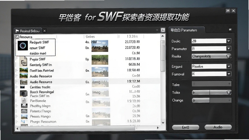 黑色闪客 for SWF探索者资源提取功能界面特写,画面展示软件正在导出SWF文件中的图片和音频资源,左侧为资源列表,右侧为导出参数设置面板,界面采用深色主题,按钮带有金属质感,背景虚化处理,突出软件名称文字标识,整体风格专业简洁,适配Boogu模型生成
