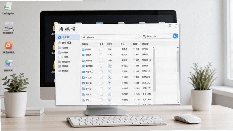 软件核心全貌展示图,画面中央是鸿悦文件搜索器的主界面窗口,背景是整洁的电脑桌面环境,窗口内显示着文件列表和搜索框,整体风格简洁专业,突出软件的易用性和高效性