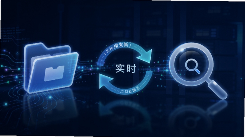 鸿悦文件搜索器实时监控功能概念图,画面以抽象的科技线条描绘数据流动,一侧是文件夹图标,另一侧是搜索放大镜,中间有循环箭头表示实时更新,整体充满科技感