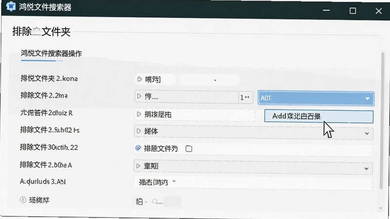 鸿悦文件搜索器操作界面截图,画面展示软件设置选项中的排除文件夹功能,鼠标指针正悬停在添加排除目录的按钮上,界面清晰展示各项参数,方便用户参考设置