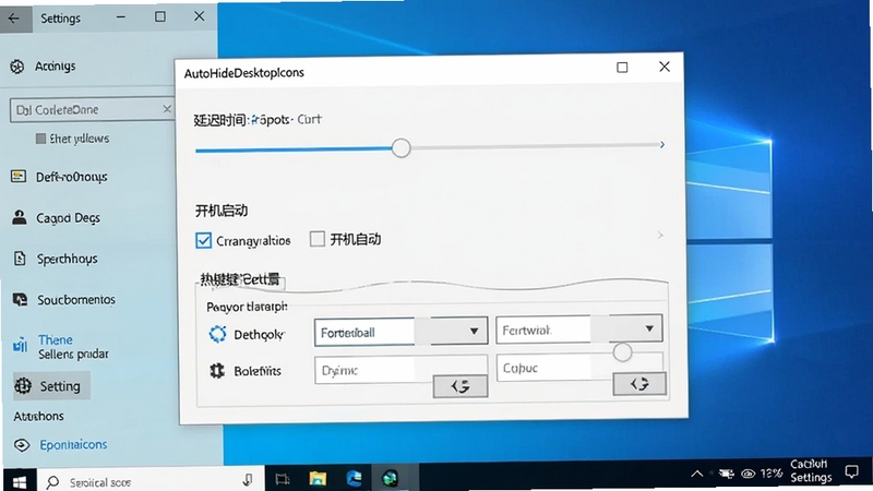 AutoHideDesktopIcons 设置界面操作教程图,画面展示软件设置窗口中的延迟时间滑块、开机自启复选框和热键设置区域,背景为Windows系统设置界面,风格清晰直观