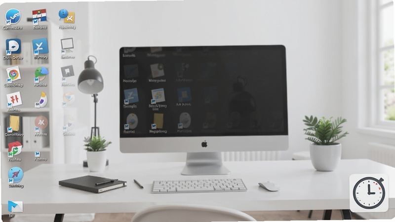 AutoHideDesktopIcons 空闲检测自动隐藏功能示意图,画面展示电脑桌面图标逐渐透明消失的过程,屏幕右下角有计时器图标,背景为办公桌面场景,风格现代简约