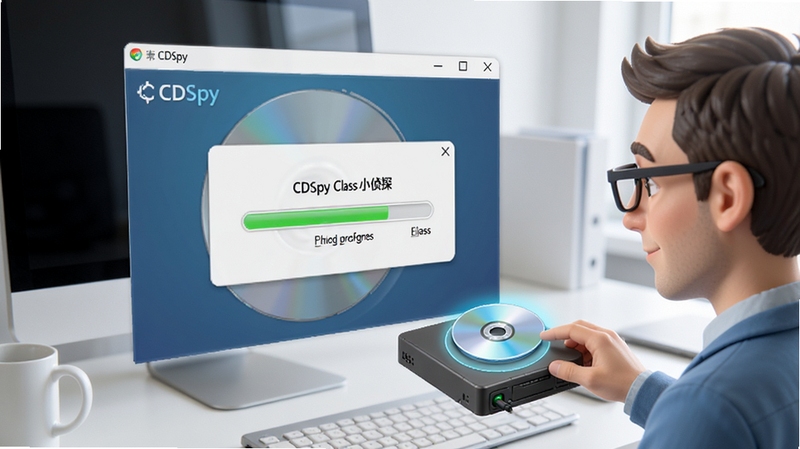 CDSpy光盘小侦探正在读取光盘信息,软件界面弹出扫描进度条,光盘驱动器图标高亮显示,背景为干净的办公桌面,画面风格清爽明亮,突出软件的快速检测能力