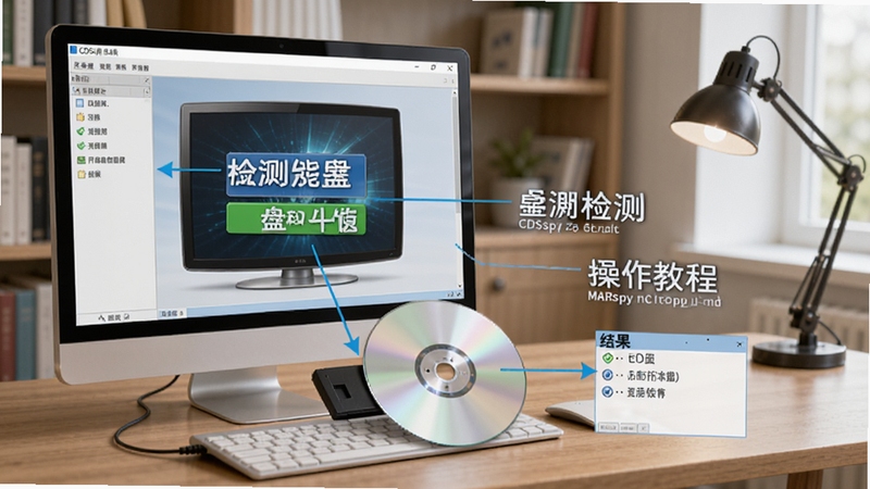 CDSpy光盘小侦探操作教程示意图,画面展示电脑端软件界面与光盘插入动作,标注检测按钮和结果区域,背景为整洁的书房环境,风格写实清晰