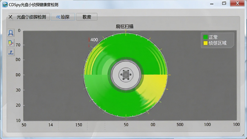 CDSpy光盘小侦探健康度检测界面,软件窗口中显示光盘扇区扫描图表,绿色代表正常区域,黄色代表警告区域,整体界面布局清晰,背景为柔和灰色调,突出数据可视化效果