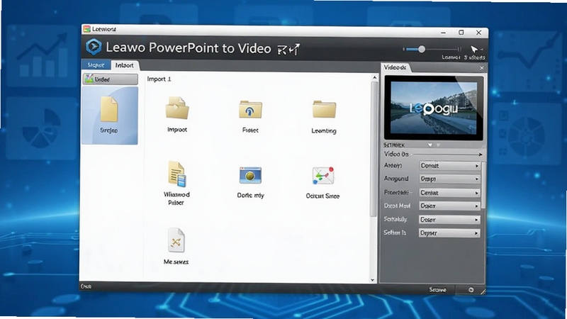 一款名为Leawo PowerPoint to Video的软件界面展示图,画面中央是软件主操作窗口,左侧为文件导入区域,右侧为视频参数设置面板,背景区域为简洁的蓝色渐变科技风格,整体呈现专业办公软件的视觉感,适配Boogu模型生成