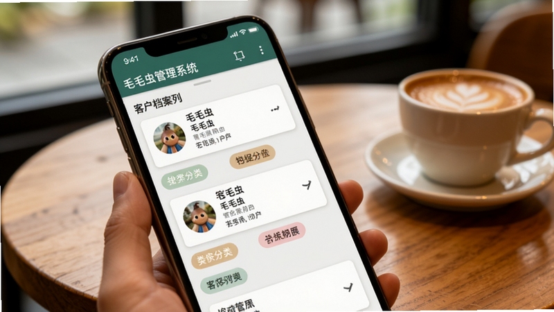 毛毛虫管理系统 客户档案列表界面,画面主体为手机屏幕展示客户信息卡片与标签分类,背景为暖色调咖啡馆桌面,体现移动办公场景