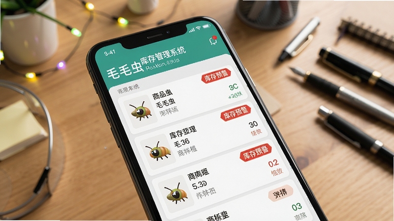 毛毛虫管理系统 商品库存管理界面特写,画面主体为手机屏幕显示商品列表与库存预警红色标签,背景为木质桌面与文具摆设,突出数据清晰可读