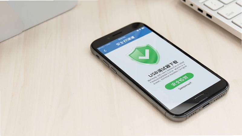 USB调试器下载安装安全检测示意图,画面主体为手机屏幕显示安全扫描通过界面,背景为简洁的浅色桌面,屏幕中带有绿色盾牌图标,整体风格干净可信,突出软件安全可靠