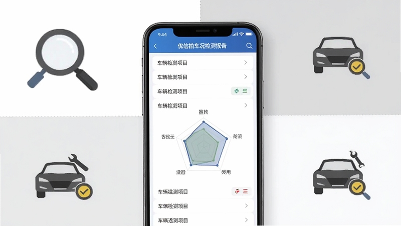 优信拍车况检测报告界面,画面中央为手机屏幕展示车辆检测项目列表与评分雷达图,背景区域为白色与浅灰色拼接,周围点缀放大镜与汽车检测图标,整体风格专业严谨,突出车况透明与辅助决策功能,适配Boogu模型生成