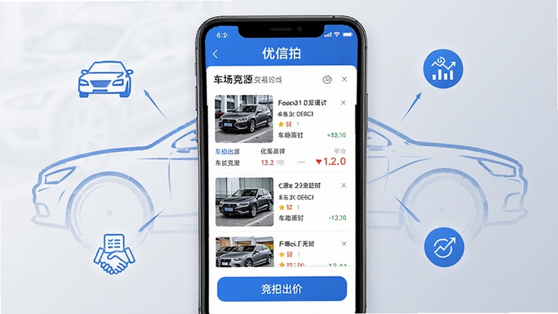 优信拍移动端二手车竞拍平台主界面展示,画面中央为手机屏幕正视图,屏幕内呈现车源列表与竞拍出价按钮,背景区域为浅灰色渐变商务风格,四周点缀汽车轮廓线条与交易数据图标,整体色调蓝白相间,突出专业二手车交易氛围,画面比例16:9,高清细节