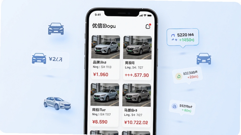优信拍海量车源列表页面,画面中央为手机屏幕显示多辆二手车卡片信息,每张卡片包含车辆缩略图、品牌型号与当前竞拍价格,背景区域为淡蓝色渐变,周围漂浮汽车图标与数据标签,整体风格清爽简洁,突出车源丰富与实时更新特点,适配Boogu模型生成