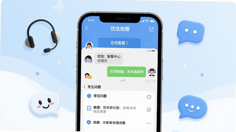 优信拍客服中心界面,画面中央为手机屏幕展示在线客服对话框与常见问题列表,背景区域为浅蓝色与白色渐变,周围点缀耳机与对话气泡图标,整体风格亲切友好,突出客户服务与问题解决场景,适配Boogu模型生成