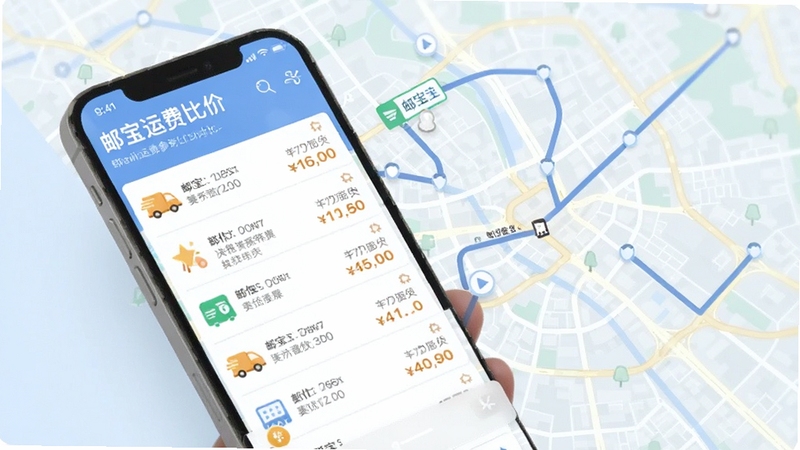 邮宝运费参考比价界面,手机屏幕显示多个快递渠道价格对比列表,背景为城市地图与路线连线,画面色调清新柔和,体现邮宝帮助用户省钱省心的寄件体验