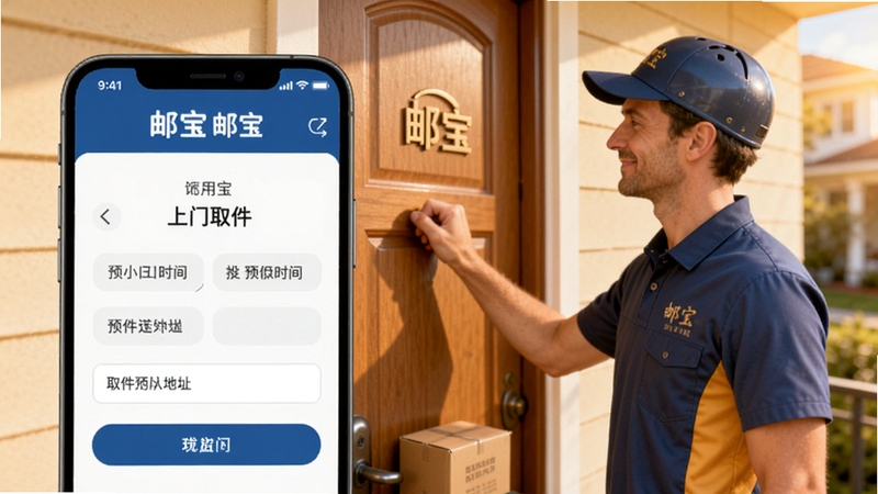 邮宝上门取件预约功能展示,手机屏幕显示预约时间选择与取件地址填写界面,背景为快递员敲门取件的温馨场景,整体色调温暖明亮,突出邮宝便捷上门服务