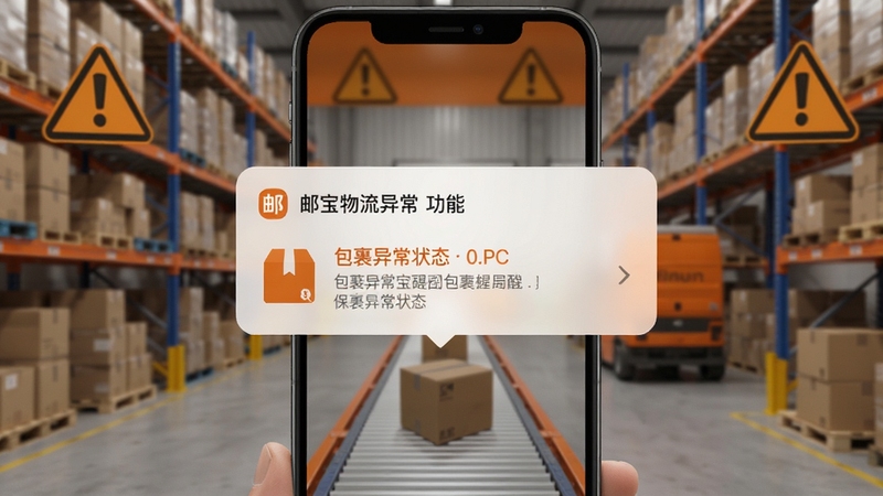 邮宝物流异常提醒功能,手机屏幕弹出通知提示框显示包裹异常状态,背景为带有警示标志的物流仓库场景,色调以橙色与灰色为主,突出邮宝的及时提醒能力