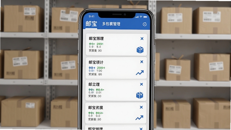 邮宝多包裹管理界面,手机屏幕显示多个快递卡片按状态分类排列,背景为整齐摆放的快递包裹货架,色调以浅灰与蓝色搭配,体现邮宝集中管理的条理性