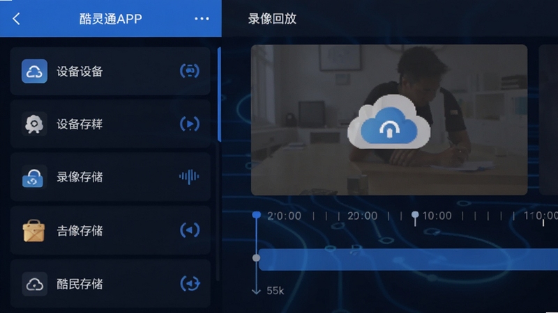 酷灵通APP界面截图风格,画面左侧是设备列表,右侧是录像回放时间轴,背景是深蓝色科技感渐变,突出回放功能与云存储图标,整体简洁专业