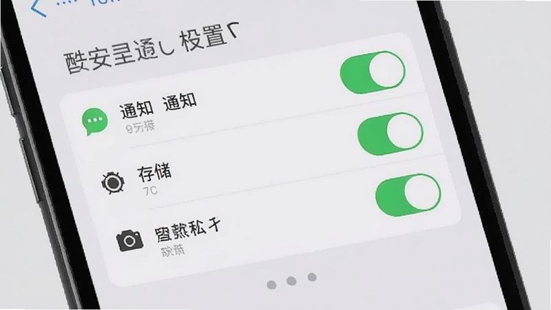 酷灵通APP在手机上的权限设置界面,展示通知、存储、相机等权限开关,背景为浅灰色极简风格,突出安全设置与隐私保护