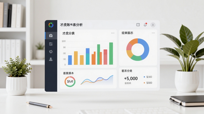才虎账本报表分析功能预览图,画面主体为一张悬浮的虚拟数据看板,看板上绘制着彩色的柱状图和环形图,图表旁有明确的分类标签,背景区域为干净的白色书房桌面,有绿植点缀,风格商务清新,适配Boogu模型生成