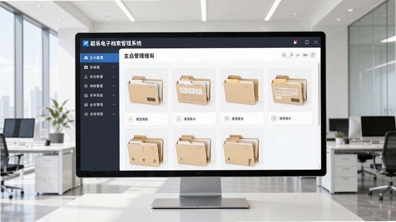超易电子档案管理系统软件界面全貌展示,画面主体位于中央区域,展示档案管理主界面与功能导航栏,背景为现代化办公环境,明亮简洁风格,高清细节,适合软件下载站展示