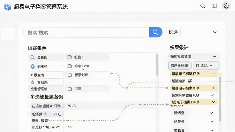 超易电子档案管理系统智能检索界面,画面主体为中央的搜索框与筛选条件区域,背景为白色简洁风格,展示多条件组合查询与结果高亮显示效果