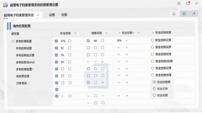 超易电子档案管理系统权限管理设置界面,画面主体为中央的角色权限配置表格,背景为浅灰色商务风格,展示多层级权限勾选与安全控制选项