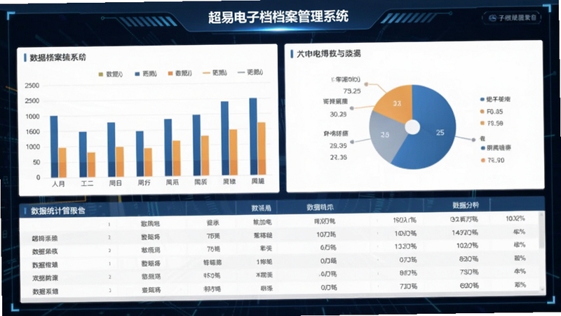 超易电子档案管理系统数据统计报表界面,画面主体为中央的图表与数据看板,背景为深蓝色科技风格,展示柱状图、饼图与数据表格
